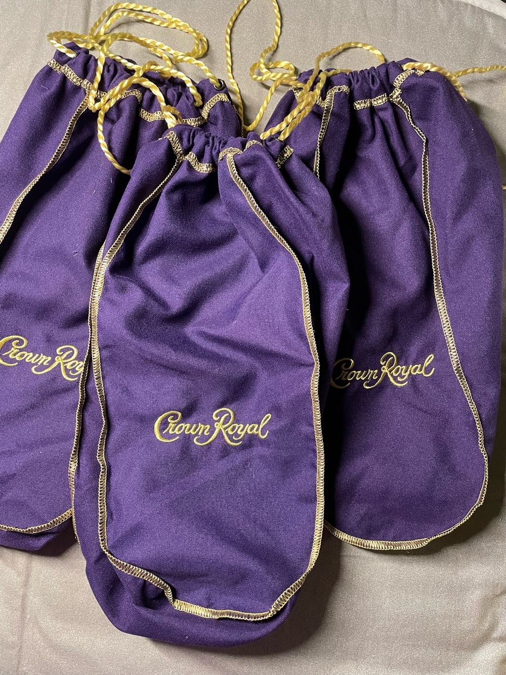 3 Large Crown Royal Purple Drawstring Satchel with Gold Trim